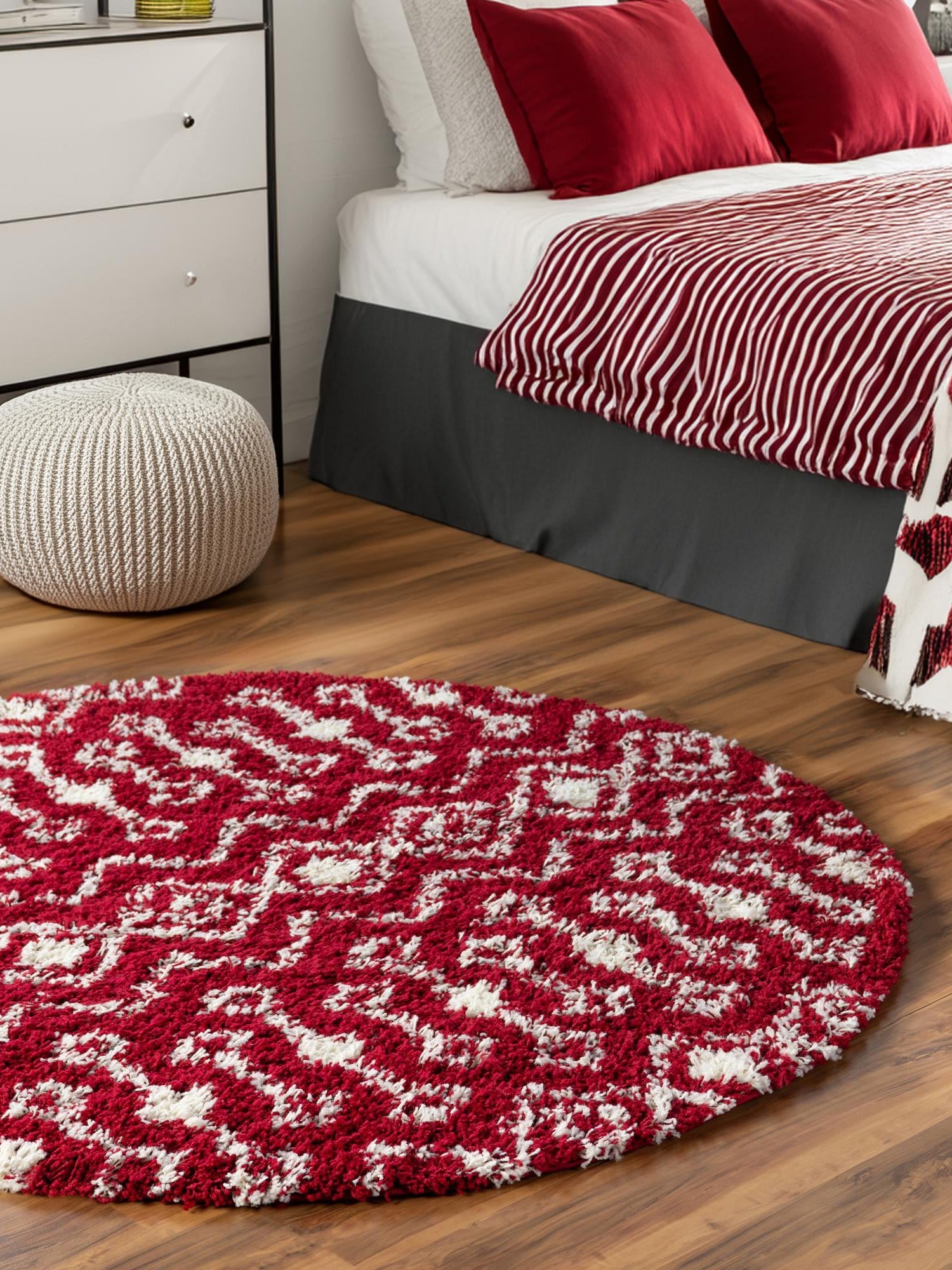 Burgundy Red 10' x 10' Moroccan Trellis Shag Round Area Rug Thick Soft Touch Fluffy & Plush Shaggy Pile 100% Polypropylene Geometric Traditional Carpet for Sale at Rug Engine