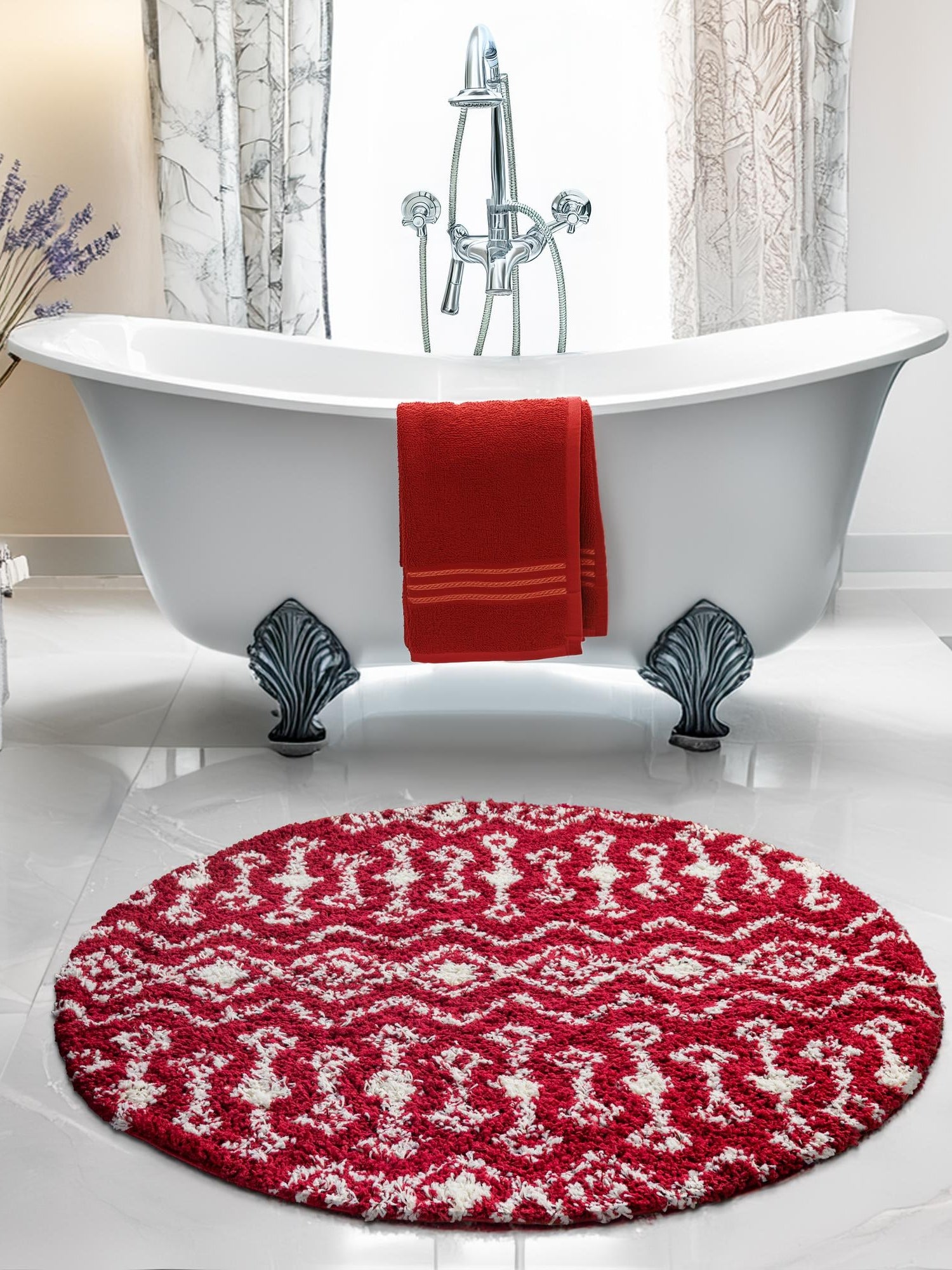 Burgundy Red 7' 10 x 7' 10 Moroccan Trellis Shag Round Area Rug Thick Soft Touch Fluffy & Plush Shaggy Pile 100% Polypropylene Geometric Traditional Carpet for Sale at Rug Engine