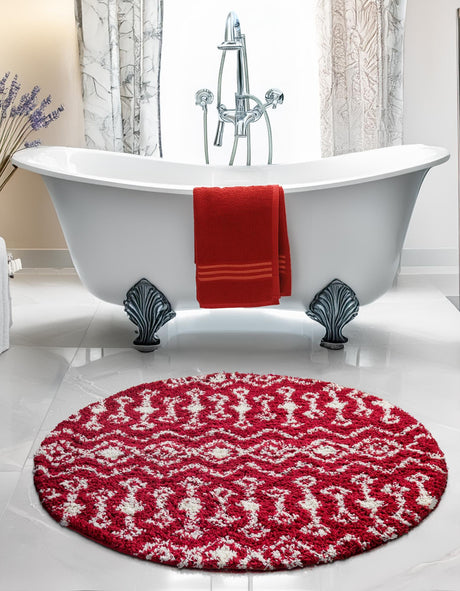 Burgundy Red 3' 1 x 3' 1 Moroccan Trellis Shag Round Area Rug Thick Soft Touch Fluffy & Plush Shaggy Pile 100% Polypropylene Geometric Traditional Carpet for Sale at Rug Engine
