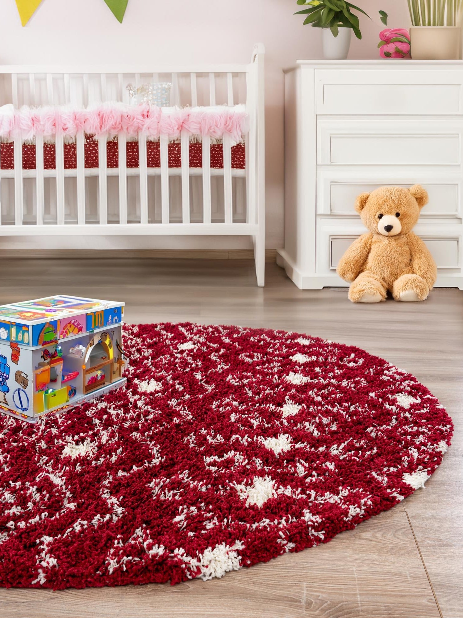 Burgundy Red 7' 10 x 7' 10 Moroccan Trellis Shag Round Area Rug Thick Soft Touch Fluffy & Plush Shaggy Pile 100% Polypropylene Geometric Traditional Carpet for Sale at Rug Engine
