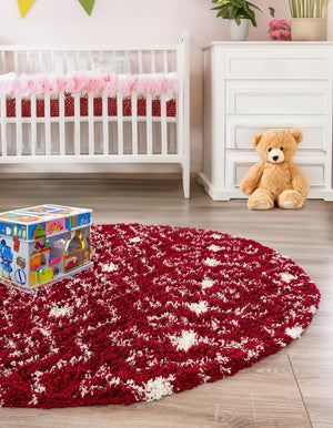 Burgundy Red 7' 10 x 7' 10 Moroccan Trellis Shag Round Area Rug Thick Soft Touch Fluffy & Plush Shaggy Pile