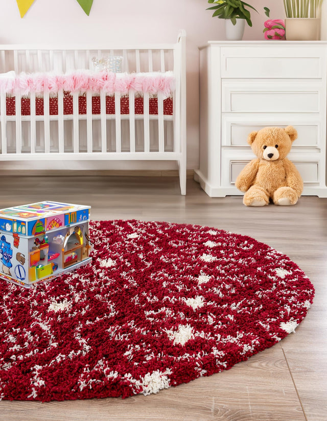 Burgundy Red 7' 10 x 7' 10 Moroccan Trellis Shag Round Area Rug Thick Soft Touch Fluffy & Plush Shaggy Pile
