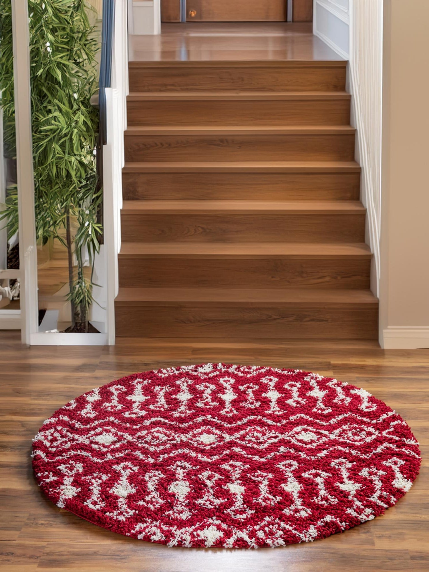 Burgundy Red 7' 10 x 7' 10 Moroccan Trellis Shag Round Area Rug Thick Soft Touch Fluffy & Plush Shaggy Pile 100% Polypropylene Geometric Traditional Carpet for Sale at Rug Engine