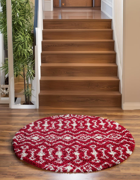 Burgundy Red 7' 10 x 7' 10 Moroccan Trellis Shag Round Area Rug Thick Soft Touch Fluffy & Plush Shaggy Pile 100% Polypropylene Geometric Traditional Carpet for Sale at Rug Engine