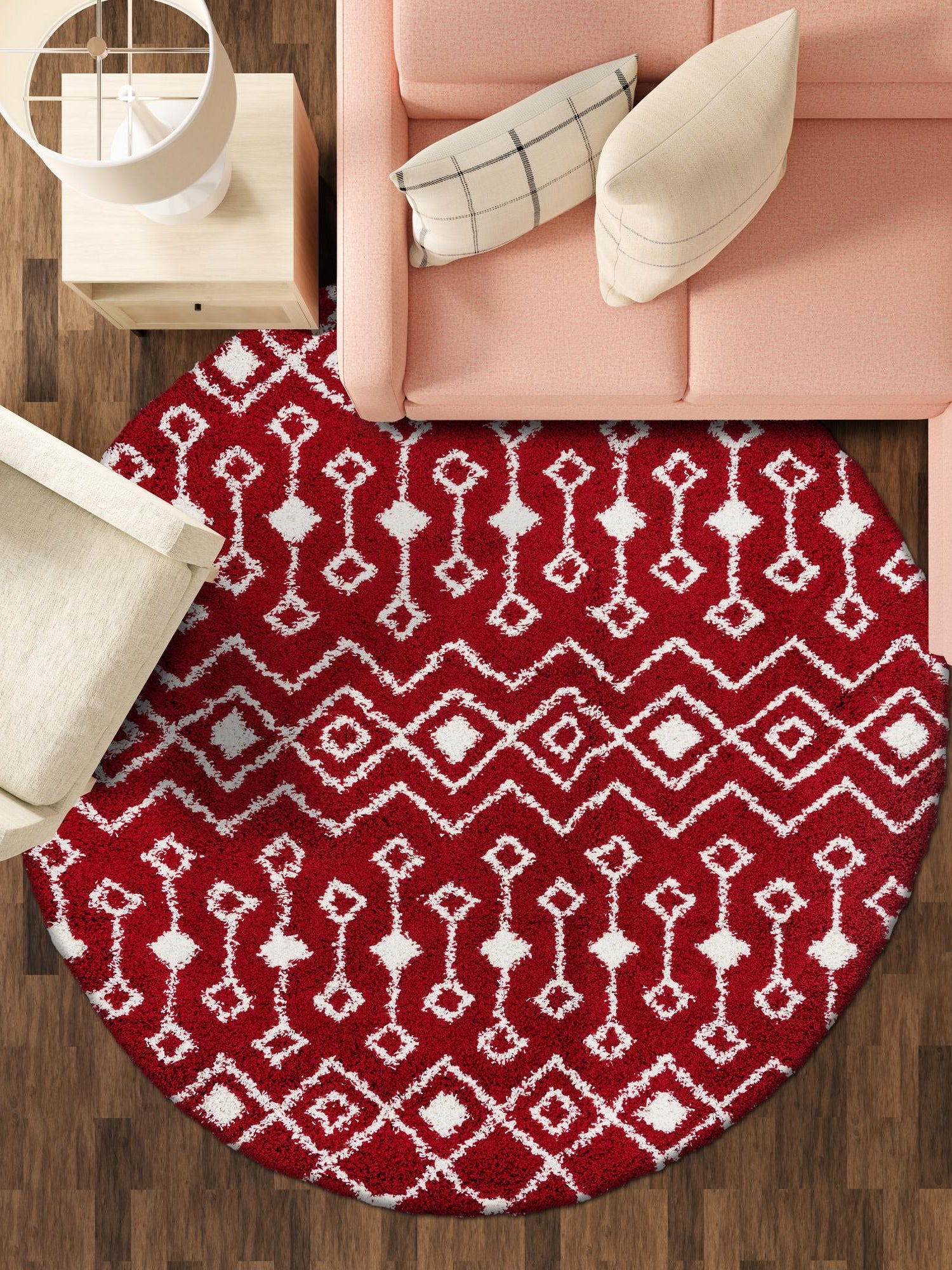 Burgundy Red 7' 10 x 7' 10 Moroccan Trellis Shag Round Area Rug Thick Soft Touch Fluffy & Plush Shaggy Pile 100% Polypropylene Geometric Traditional Carpet for Sale at Rug Engine