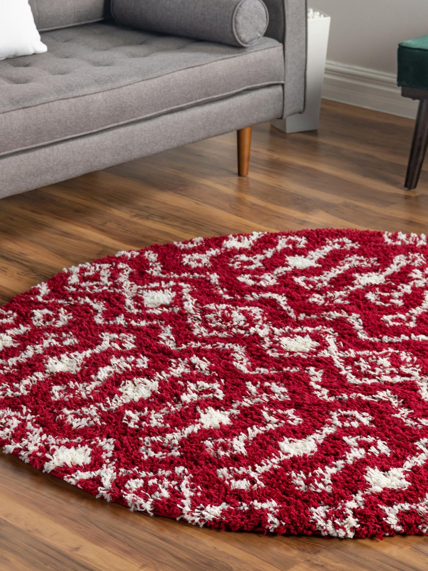 Burgundy Red 7' 10 x 7' 10 Moroccan Trellis Shag Round Area Rug Thick Soft Touch Fluffy & Plush Shaggy Pile 100% Polypropylene Geometric Traditional Carpet for Sale at Rug Engine