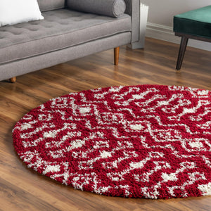 Burgundy Red 7' 10 x 7' 10 Moroccan Trellis Shag Round Area Rug Thick Soft Touch Fluffy & Plush Shaggy Pile