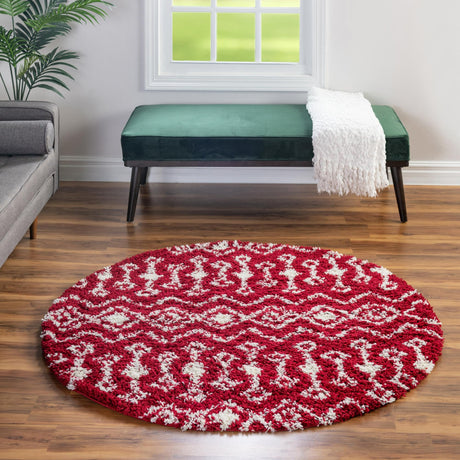 Burgundy Red 6' 1 x 6' 1 Moroccan Trellis Shag Round Area Rug Thick Soft Touch Fluffy & Plush Shaggy Pile 100% Polypropylene Geometric Traditional Carpet for Sale at Rug Engine
