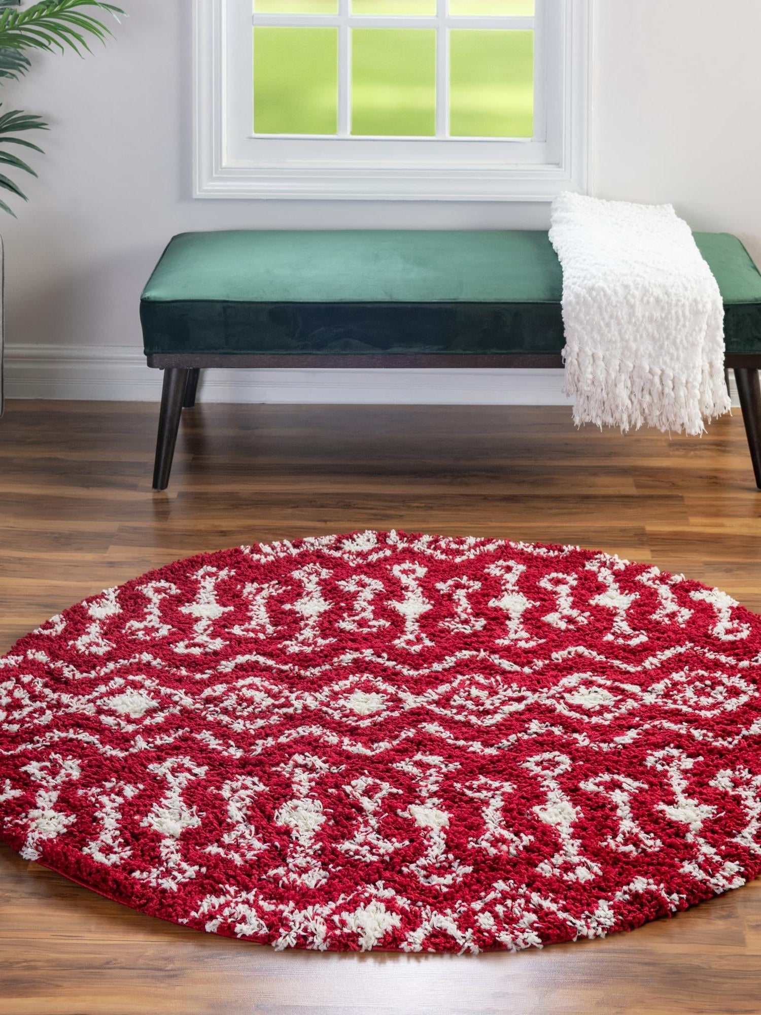 Burgundy Red 7' 10 x 7' 10 Moroccan Trellis Shag Round Area Rug Thick Soft Touch Fluffy & Plush Shaggy Pile 100% Polypropylene Geometric Traditional Carpet for Sale at Rug Engine