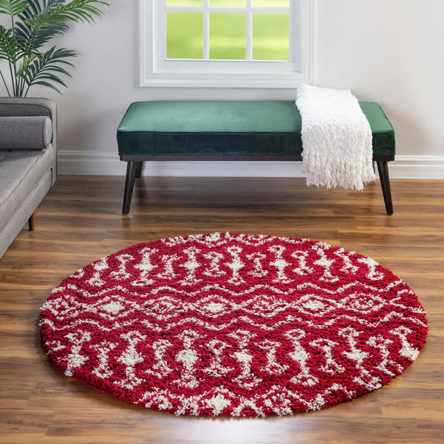 Burgundy Red 7' 10 x 7' 10 Moroccan Trellis Shag Round Area Rug Thick Soft Touch Fluffy & Plush Shaggy Pile