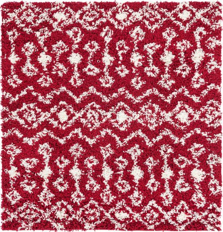 Burgundy Red 4' 1 x 4' 1 Moroccan Trellis Shag Square Area Rug Thick Soft Touch Fluffy & Plush Shaggy Pile
