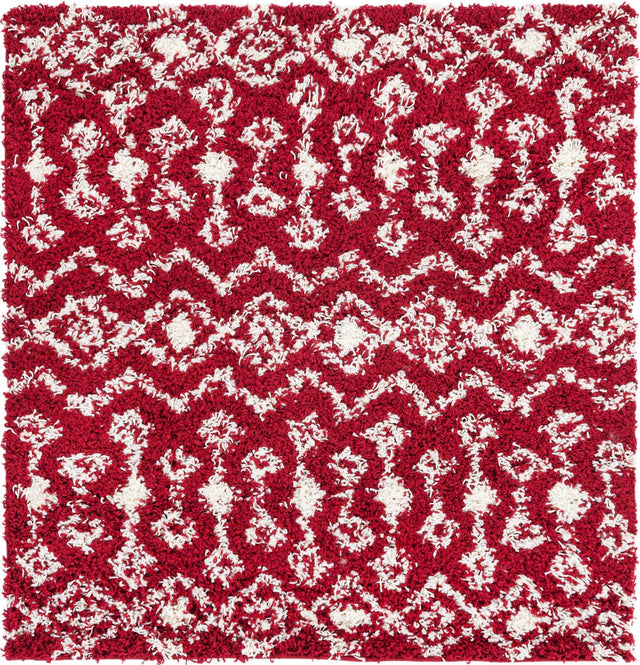 Burgundy Red 4' 1 x 4' 1 Moroccan Trellis Shag Square Area Rug Thick Soft Touch Fluffy & Plush Shaggy Pile