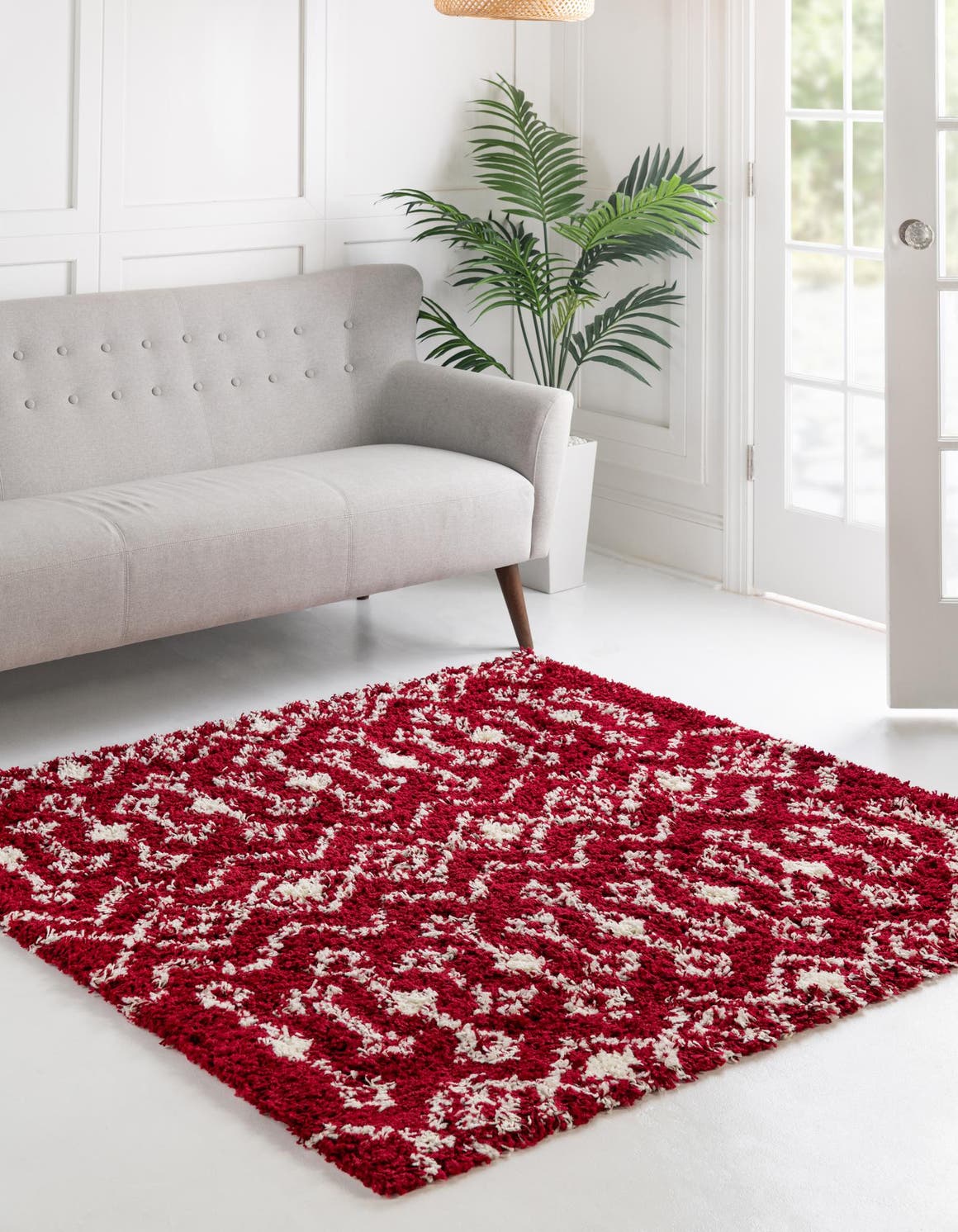 Burgundy Red 4' 1 x 4' 1 Moroccan Trellis Shag Square Area Rug Thick Soft Touch Fluffy & Plush Shaggy Pile 100% Polypropylene Geometric Traditional Carpet for Sale at Rug Engine