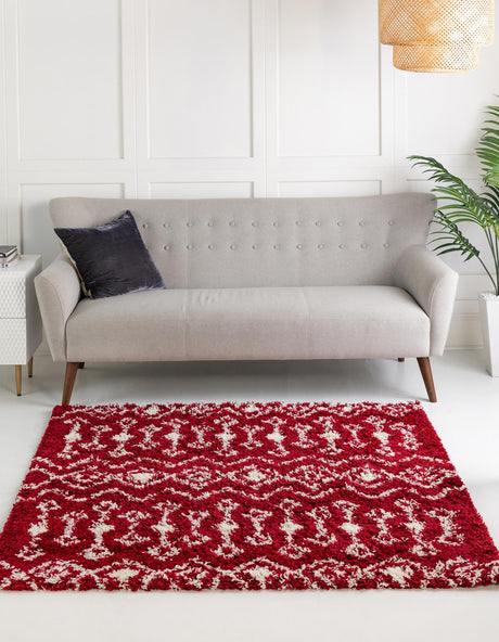 Burgundy Red 5' 3 x 5' 3 Moroccan Trellis Shag Square Area Rug Thick Soft Touch Fluffy & Plush Shaggy Pile 100% Polypropylene Geometric Traditional Carpet for Sale at Rug Engine