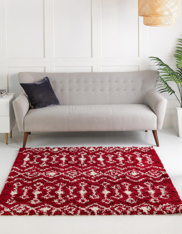 Burgundy Red 7' 10 x 7' 10 Moroccan Trellis Shag Square Area Rug Thick Soft Touch Fluffy & Plush Shaggy Pile