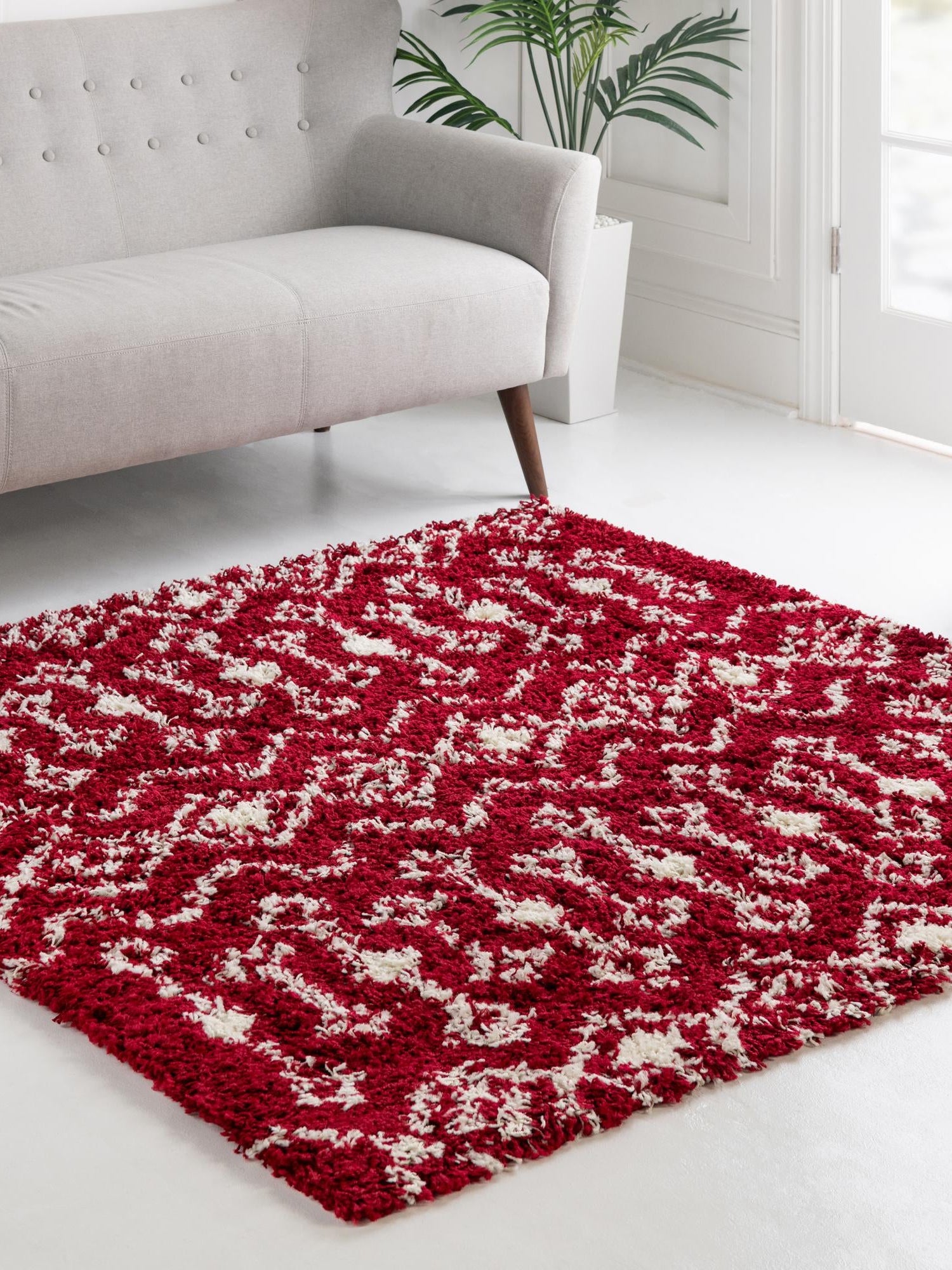 Burgundy Red 3' 1 x 3' 1 Moroccan Trellis Shag Square Area Rug Thick Soft Touch Fluffy & Plush Shaggy Pile 100% Polypropylene Geometric Traditional Carpet for Sale at Rug Engine