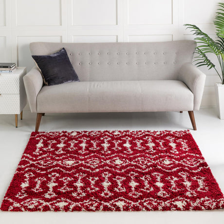 Burgundy Red 4' 1 x 4' 1 Moroccan Trellis Shag Square Area Rug Thick Soft Touch Fluffy & Plush Shaggy Pile 100% Polypropylene Geometric Traditional Carpet for Sale at Rug Engine