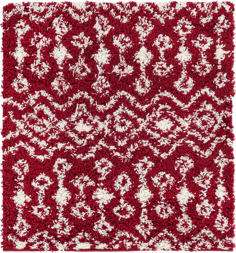 Burgundy Red 3' 1 x 3' 1 Moroccan Trellis Shag Square Area Rug Thick Soft Touch Fluffy & Plush Shaggy Pile
