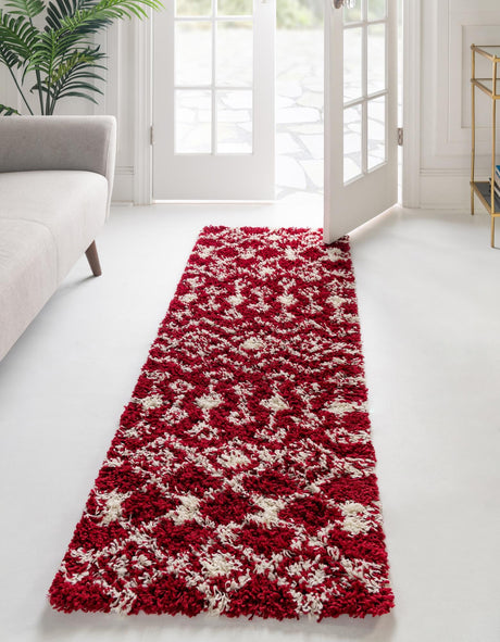 Burgundy Red 3' 3 x 16' 5 Moroccan Trellis Shag Runner Area Rug Thick Soft Touch Fluffy & Plush Shaggy Pile 100% Polypropylene Geometric Traditional Carpet for Sale at Rug Engine