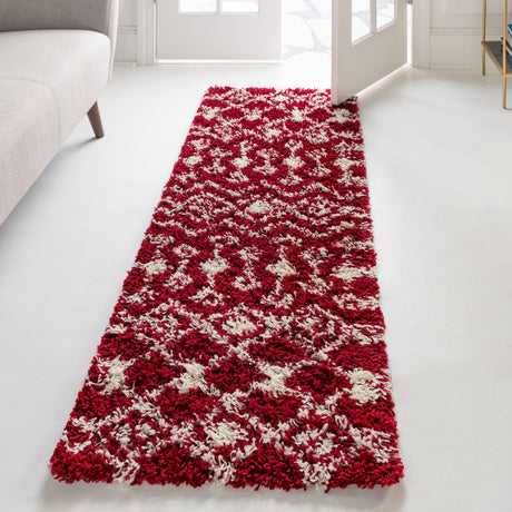 Burgundy Red 3' 3 x 16' 5 Moroccan Trellis Shag Runner Area Rug Thick Soft Touch Fluffy & Plush Shaggy Pile 100% Polypropylene Geometric Traditional Carpet for Sale at Rug Engine