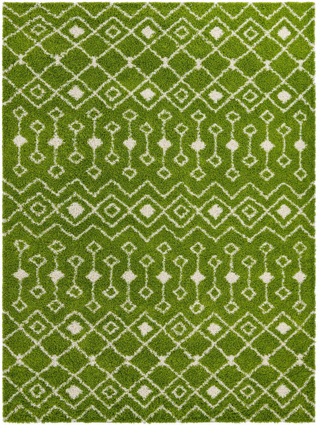 Green 10' x 14' 1 Moroccan Trellis Shag Rectangle Area Rug Thick Soft Touch Fluffy & Plush Shaggy Pile