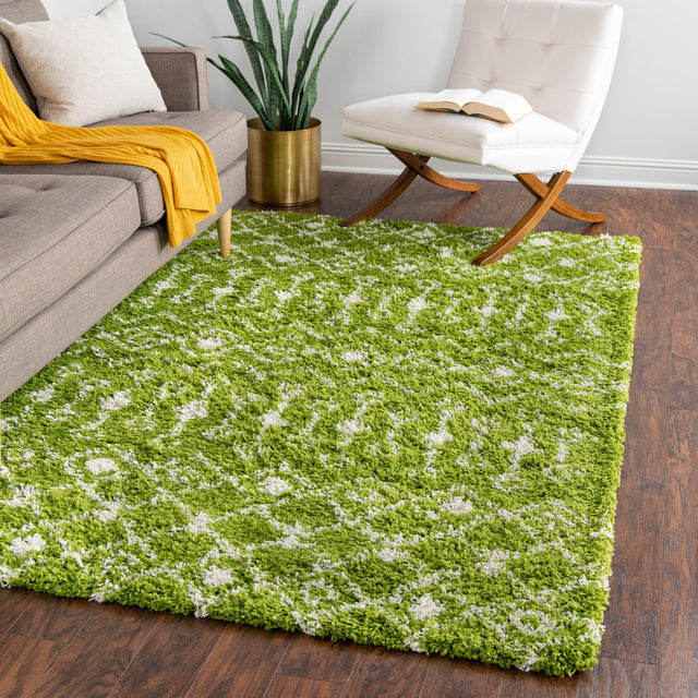 Green 9' x 12' Moroccan Trellis Shag Rectangle Area Rug Thick Soft Touch Fluffy & Plush Shaggy Pile