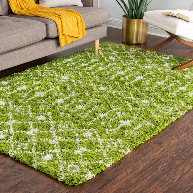Green 10' x 14' 1 Moroccan Trellis Shag Rectangle Area Rug Thick Soft Touch Fluffy & Plush Shaggy Pile