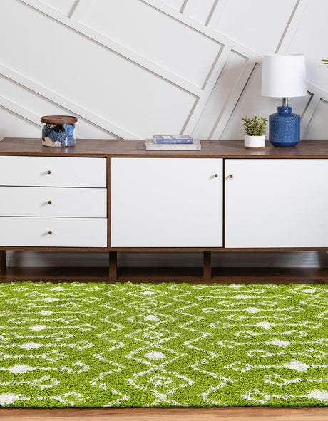 Green 4' 1 x 6' 1 Moroccan Trellis Shag Oval Area Rug Thick Soft Touch Fluffy & Plush Shaggy Pile 100% Polypropylene Geometric Traditional Carpet for Sale at Rug Engine