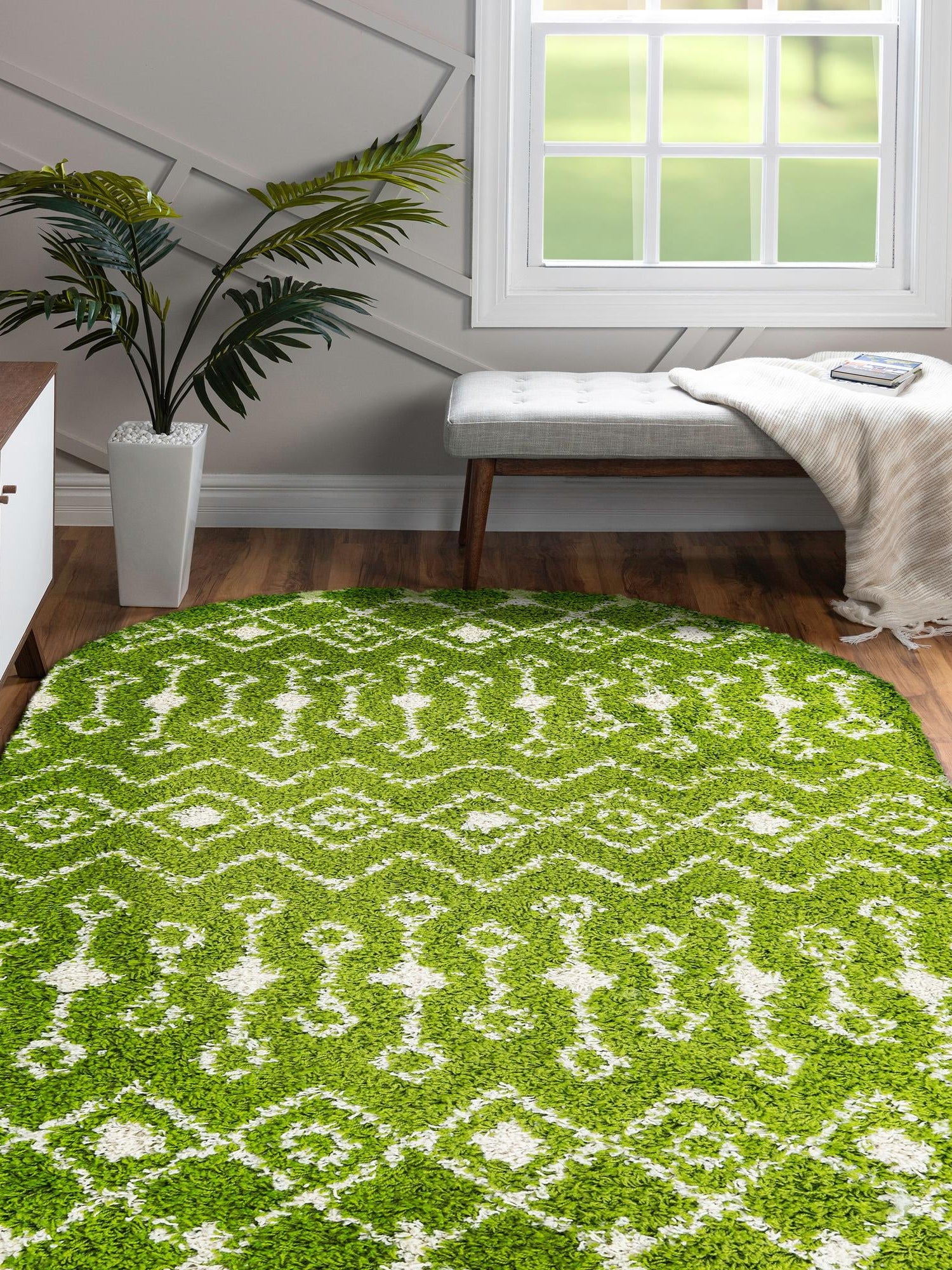 Green 5' 3 x 8' Moroccan Trellis Shag Oval Area Rug Thick Soft Touch Fluffy & Plush Shaggy Pile 100% Polypropylene Geometric Traditional Carpet for Sale at Rug Engine