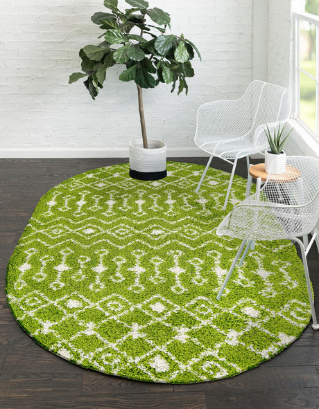 Green 4' 1 x 6' 1 Moroccan Trellis Shag Oval Area Rug Thick Soft Touch Fluffy & Plush Shaggy Pile 100% Polypropylene Geometric Traditional Carpet for Sale at Rug Engine