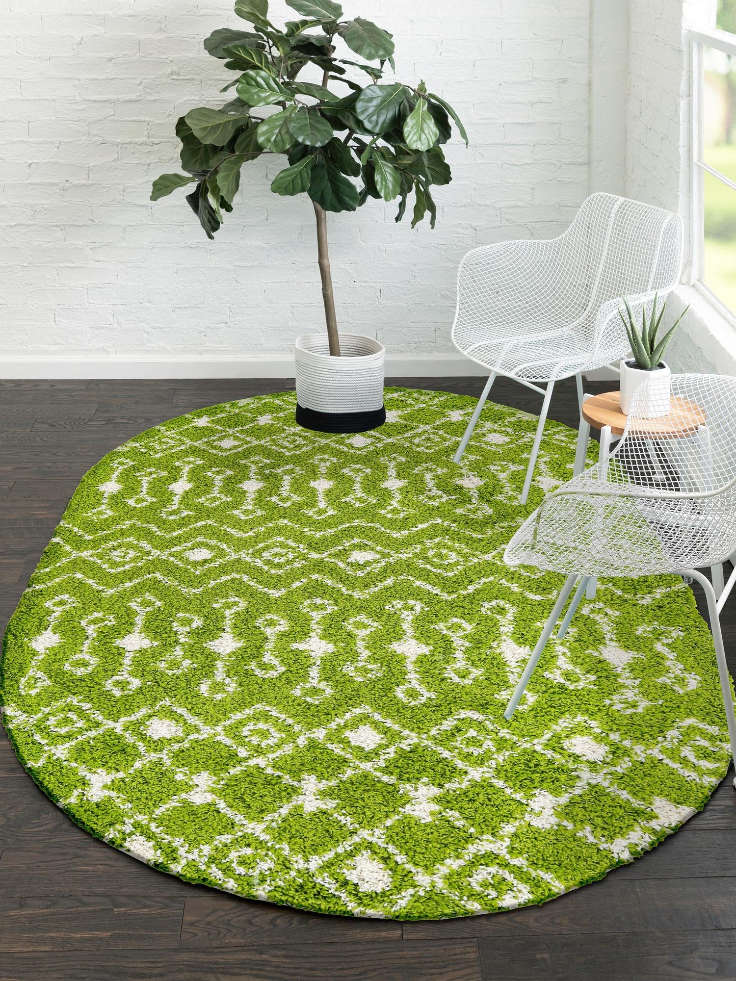 Green 7' 10 x 10' Moroccan Trellis Shag Oval Area Rug Thick Soft Touch Fluffy & Plush Shaggy Pile 100% Polypropylene Geometric Traditional Carpet for Sale at Rug Engine