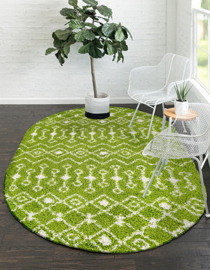 Green 7' 10 x 10' Moroccan Trellis Shag Oval Area Rug Thick Soft Touch Fluffy & Plush Shaggy Pile