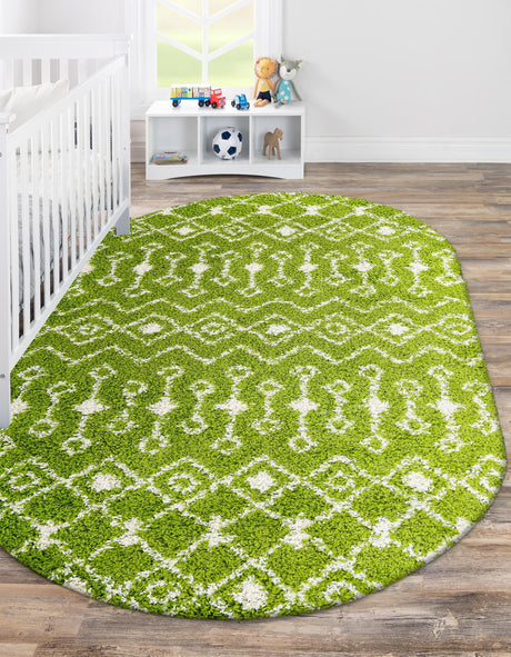 Green 4' 1 x 6' 1 Moroccan Trellis Shag Oval Area Rug Thick Soft Touch Fluffy & Plush Shaggy Pile 100% Polypropylene Geometric Traditional Carpet for Sale at Rug Engine