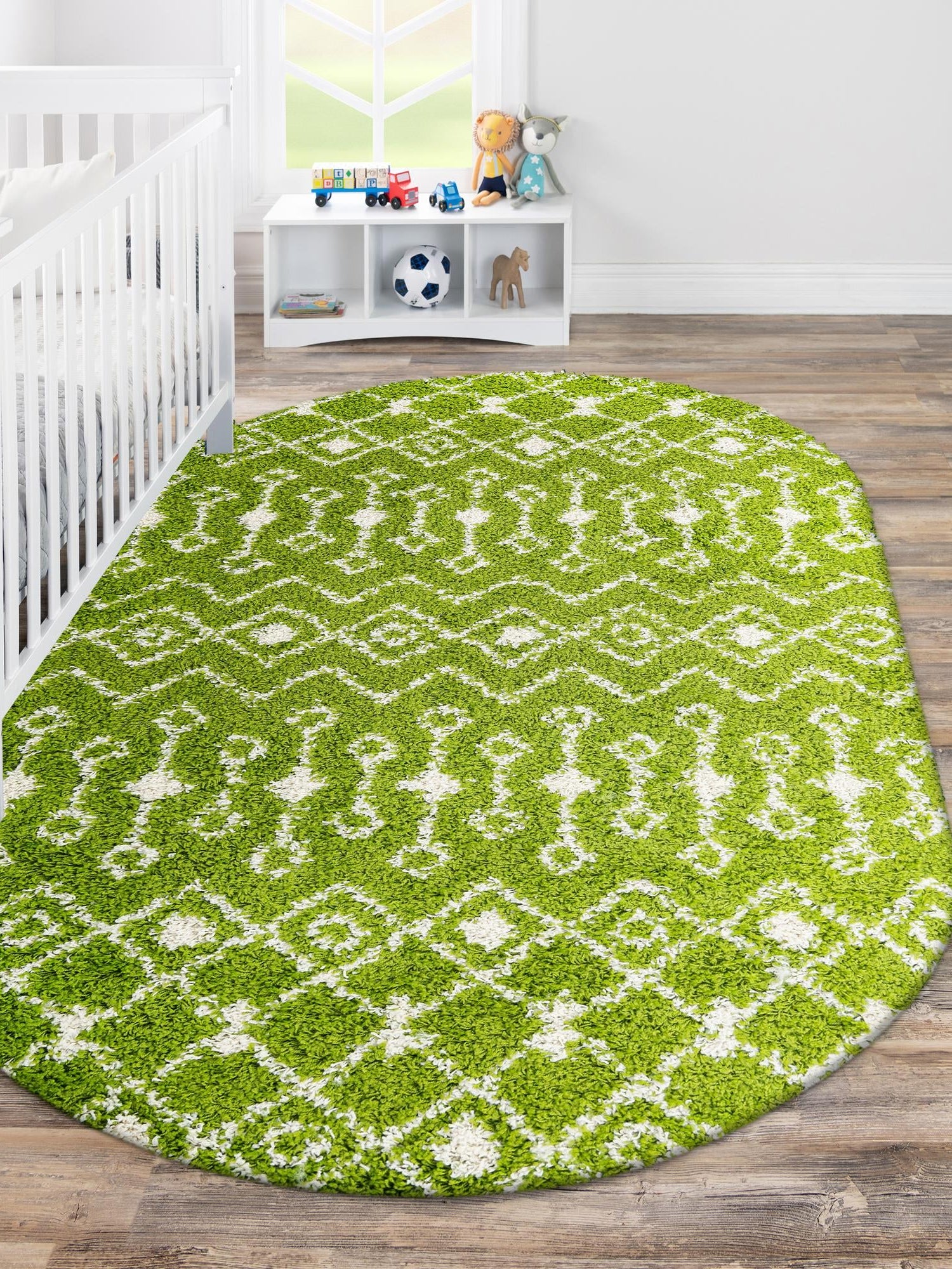 Green 7' 10 x 10' Moroccan Trellis Shag Oval Area Rug Thick Soft Touch Fluffy & Plush Shaggy Pile 100% Polypropylene Geometric Traditional Carpet for Sale at Rug Engine