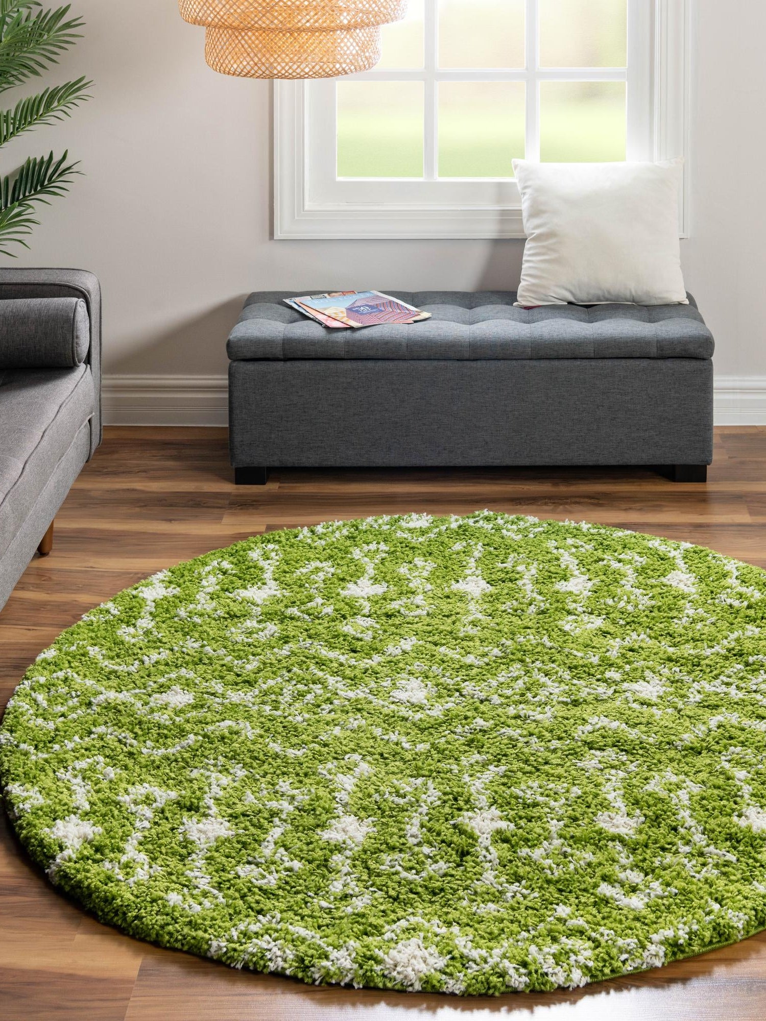 Green 5' 3 x 5' 3 Moroccan Trellis Shag Round Area Rug Thick Soft Touch Fluffy & Plush Shaggy Pile 100% Polypropylene Geometric Traditional Carpet for Sale at Rug Engine