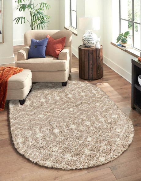 Light Brown 5' 3 x 8' Moroccan Trellis Shag Oval Rug