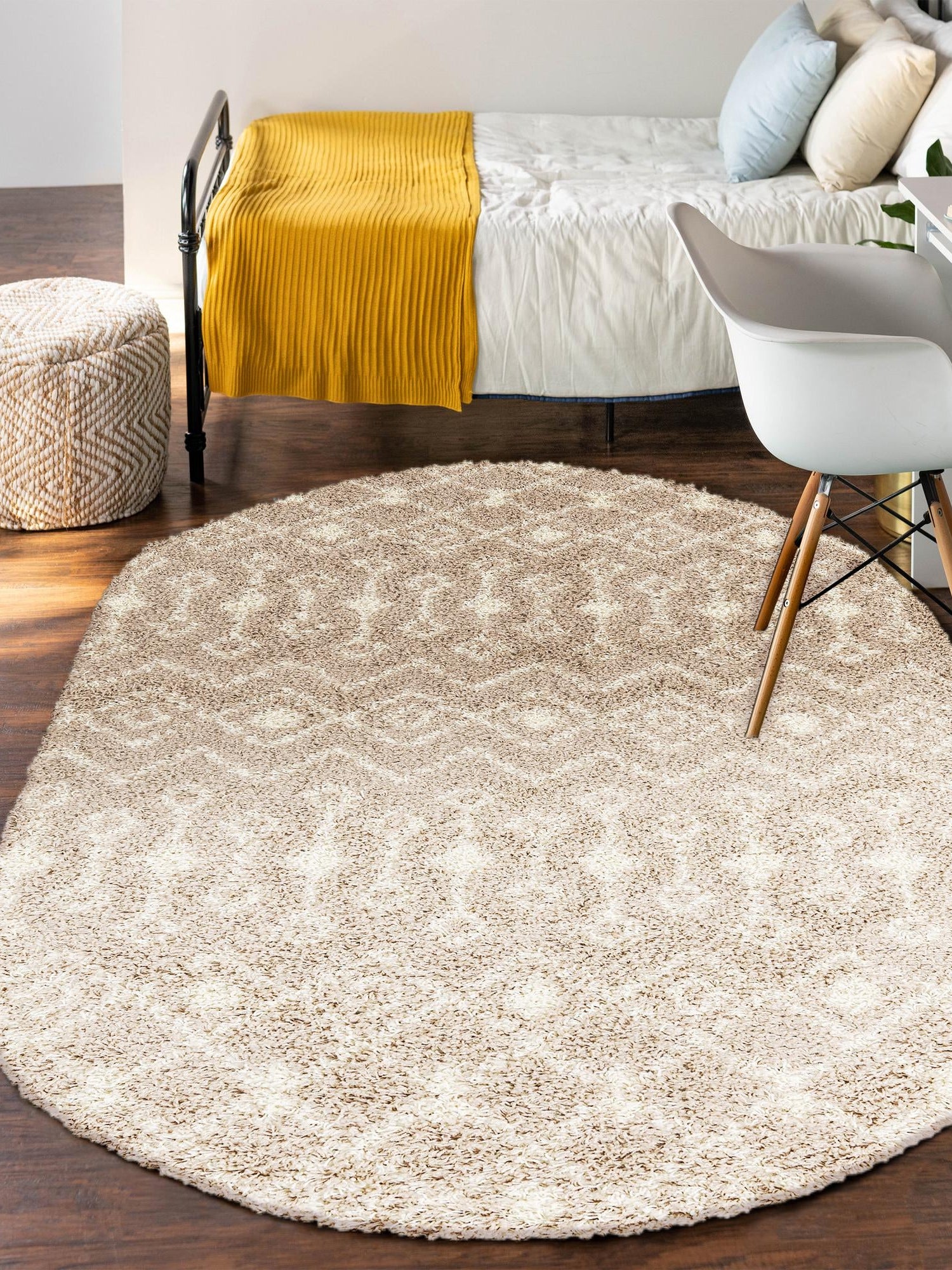 Light Brown 5' 3 x 8' Moroccan Trellis Shag Oval Area Rug Thick Soft Touch Fluffy & Plush Shaggy Pile 100% Polypropylene Geometric Traditional Carpet for Sale at Rug Engine