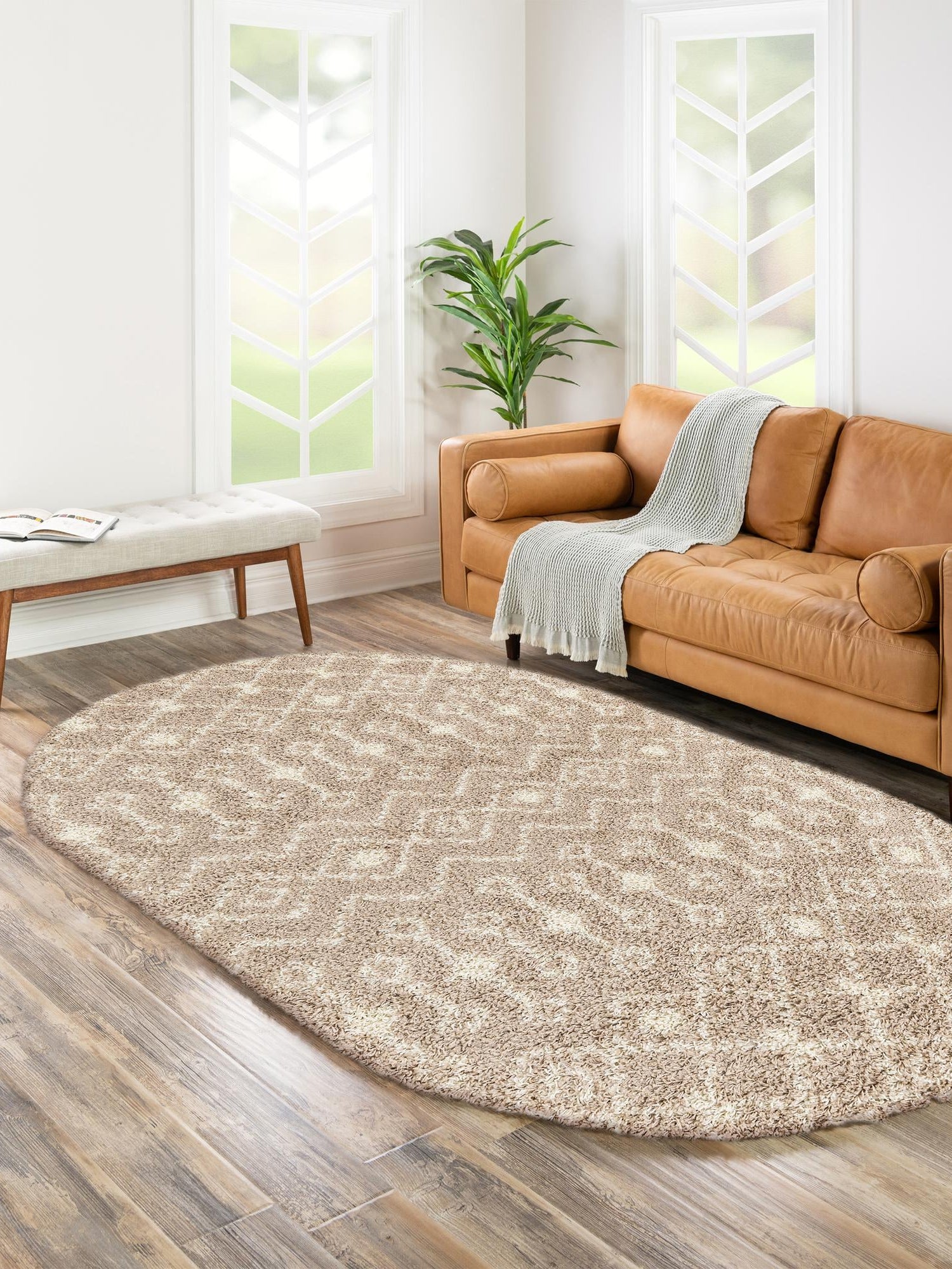 Light Brown 5' 3 x 8' Moroccan Trellis Shag Oval Area Rug Thick Soft Touch Fluffy & Plush Shaggy Pile 100% Polypropylene Geometric Traditional Carpet for Sale at Rug Engine
