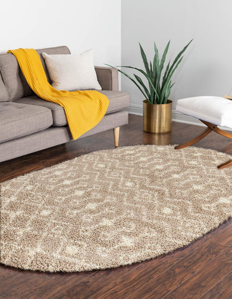 Light Brown 5' 3 x 8' Moroccan Trellis Shag Oval Area Rug Thick Soft Touch Fluffy & Plush Shaggy Pile 100% Polypropylene Geometric Traditional Carpet for Sale at Rug Engine