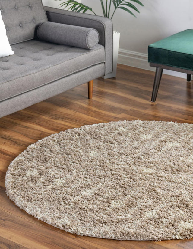 Light Brown 3' 1 x 3' 1 Moroccan Trellis Shag Round Area Rug Thick Soft Touch Fluffy & Plush Shaggy Pile