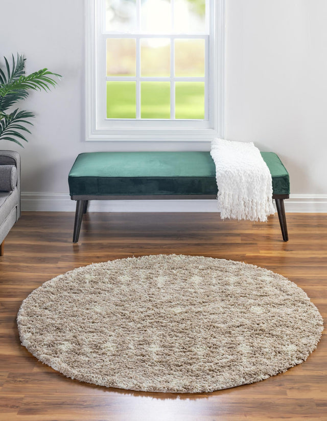 Light Brown 7' 10 x 7' 10 Moroccan Trellis Shag Round Area Rug Thick Soft Touch Fluffy & Plush Shaggy Pile