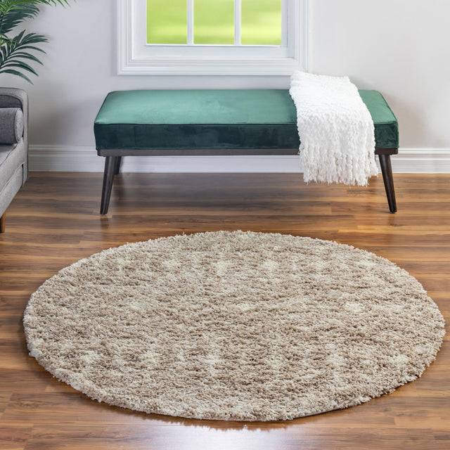 Light Brown 6' 1 x 6' 1 Moroccan Trellis Shag Round Area Rug Thick Soft Touch Fluffy & Plush Shaggy Pile