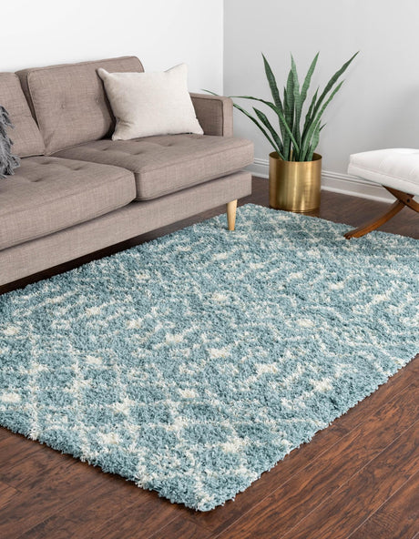 Light Blue 5' 3 x 8' Moroccan Trellis Shag Rectangle Area Rug Thick Soft Touch Fluffy & Plush Shaggy Pile 100% Polypropylene Geometric Traditional Carpet for Sale at Rug Engine