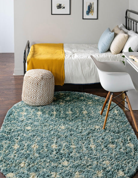 Light Blue 5' 3 x 8' Moroccan Trellis Shag Oval Area Rug Thick Soft Touch Fluffy & Plush Shaggy Pile 100% Polypropylene Geometric Traditional Carpet for Sale at Rug Engine