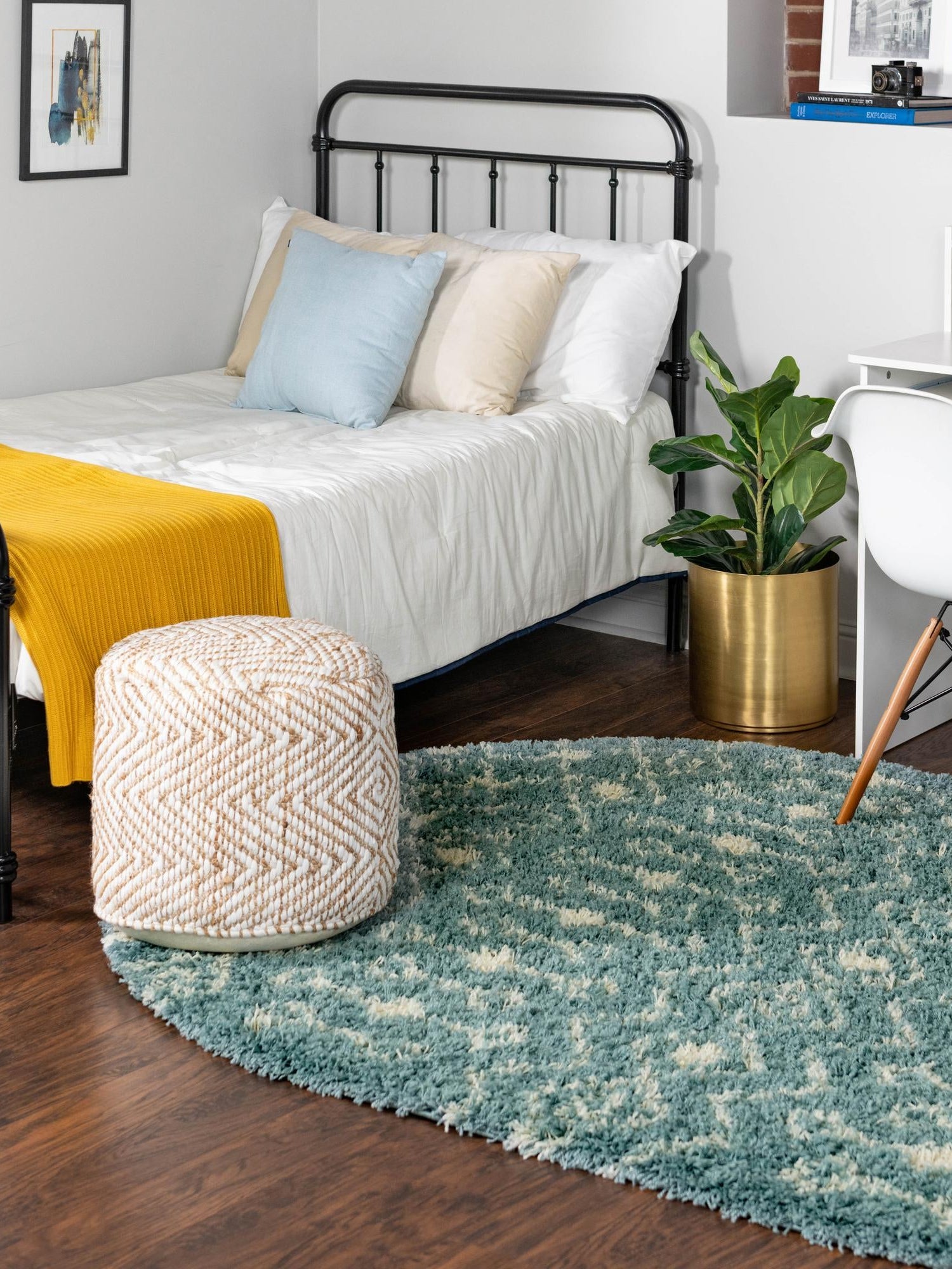 Light Blue 4' 1 x 6' 1 Moroccan Trellis Shag Oval Area Rug Thick Soft Touch Fluffy & Plush Shaggy Pile 100% Polypropylene Geometric Traditional Carpet for Sale at Rug Engine