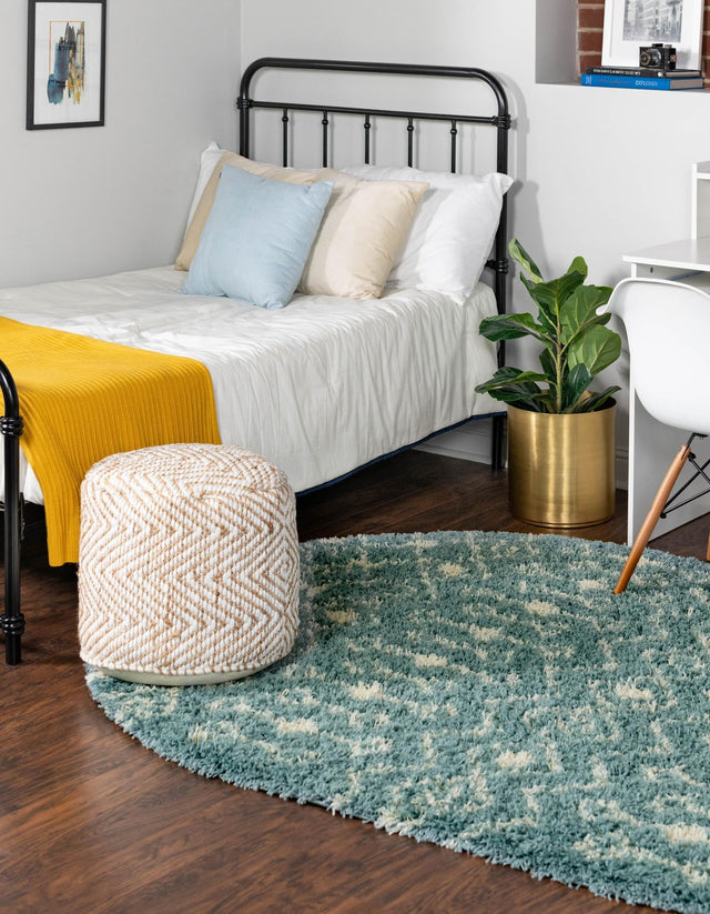 Light Blue 4' 1 x 6' 1 Moroccan Trellis Shag Oval Area Rug Thick Soft Touch Fluffy & Plush Shaggy Pile