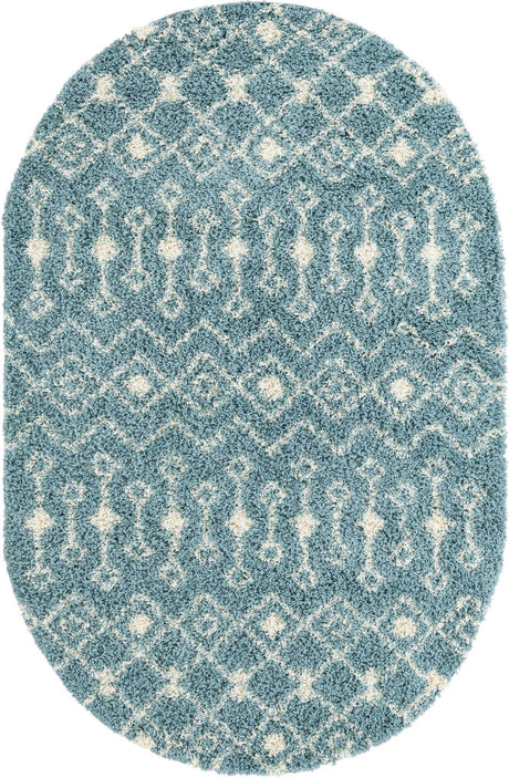 Light Blue 5' 3 x 8' Moroccan Trellis Shag Oval Rug