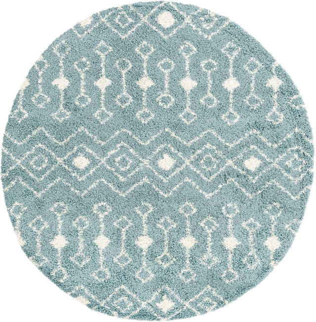 Light Blue 7' 10 x 7' 10 Moroccan Trellis Shag Round Area Rug Thick Soft Touch Fluffy & Plush Shaggy Pile
