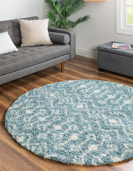 Light Blue 6' x 6' Moroccan Trellis Shag Round Rug