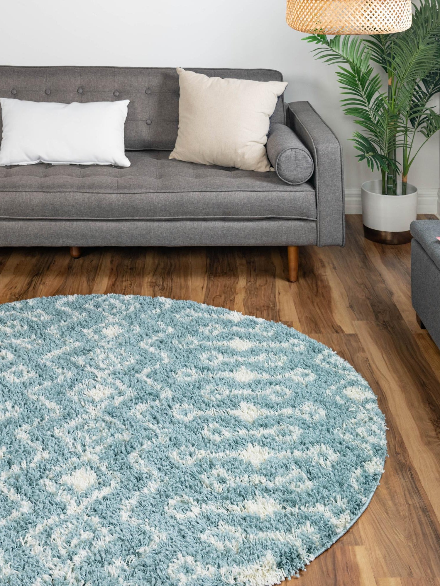 Light Blue 6' 1 x 6' 1 Moroccan Trellis Shag Round Area Rug Thick Soft Touch Fluffy & Plush Shaggy Pile 100% Polypropylene Geometric Traditional Carpet for Sale at Rug Engine
